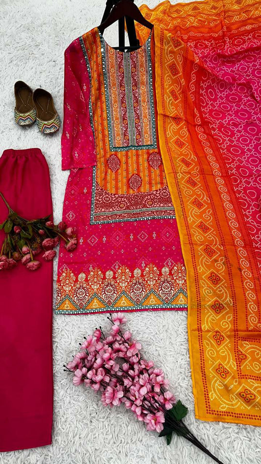 Heavy Pure Chinnon Silk WithDigital Print With Real Mirror Handwork and Diamond Handwork With Full Sleeve
