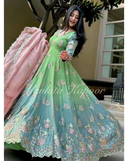 Heavy Faux Georgette With Full Heavy Embroidery Sequence Work With Digital Print With full sleeve Gown