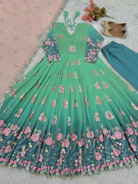 Heavy Faux Georgette With Full Heavy Embroidery Sequence Work With Digital Print With full sleeve Gown