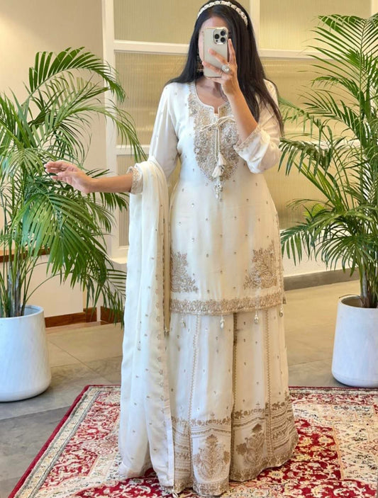 Pure Chinnon Silk With Heavy Embroidery Sequence Work And Full Sleeve Sharara