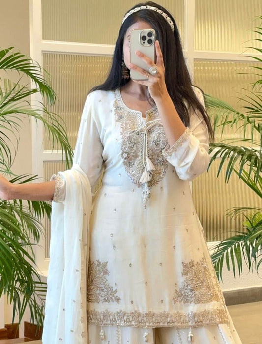 Pure Chinnon Silk With Heavy Embroidery Sequence Work And Full Sleeve Sharara