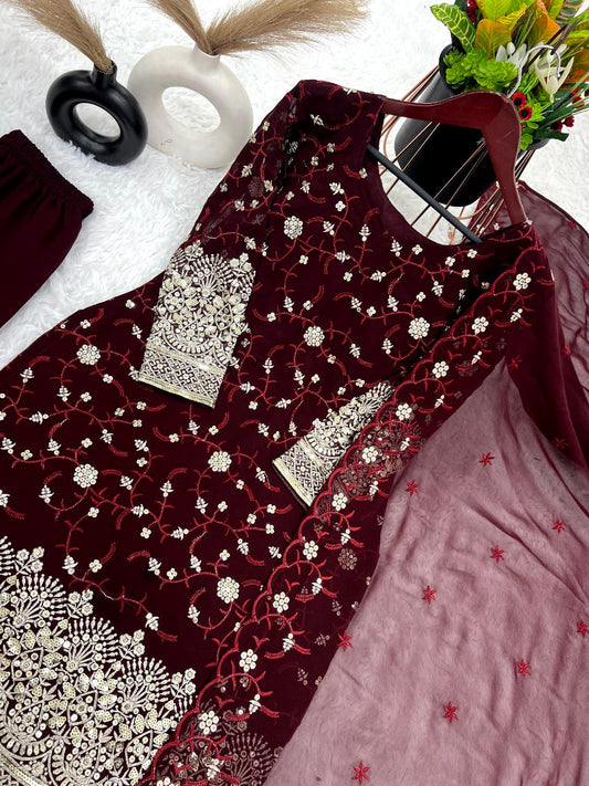 Heavy Faux Georgette With Heavy Embroidery Sequence Work Full Sleeve Kurti