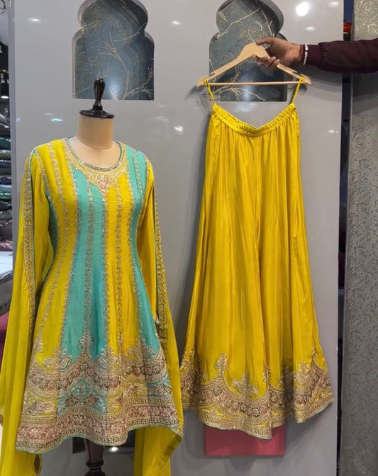 Heavy Fuax Georgette With Heavy 5mm Embroidery Sequence Work With Full SleeveTop And Sharara With Dupatta