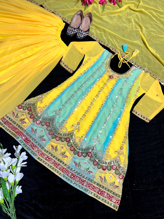 Heavy Fuax Georgette With Heavy 5mm Embroidery Sequence Work With Full SleeveTop And Sharara With Dupatta