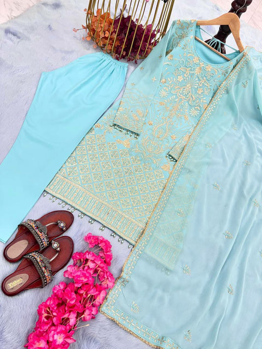Heavy Faux Georgette With Embroidery 3 mm Sequence Work With Full Sleeve Kurti Set