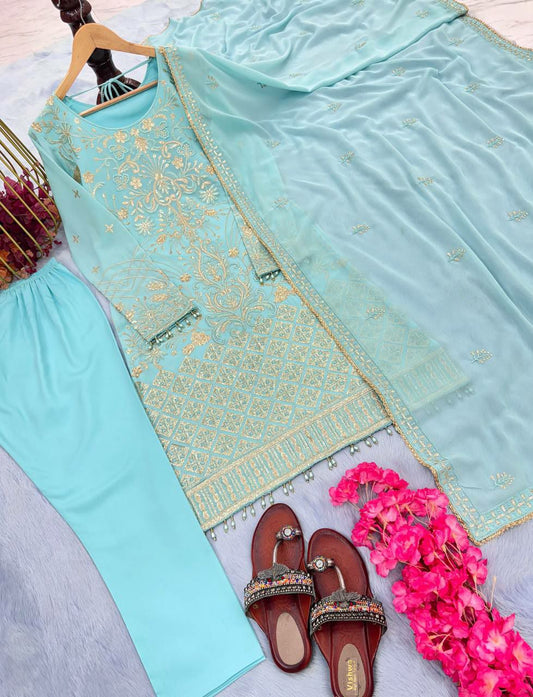 Heavy Faux Georgette With Embroidery 3 mm Sequence Work With Full Sleeve Kurti Set