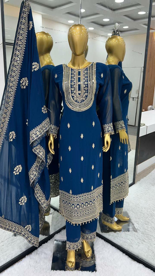 Heavy Faux Georgette With Heavy Embroidery Coding Dori-Sequence Work Kurti With Full Sleeve