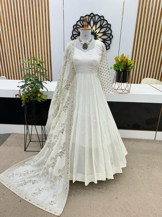 Heavy Chinon Silk With Embroidery Sequence Work With Sleeve (Fullstitched ) Gown