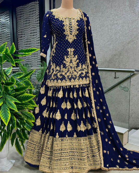 Pure Heavy Chinnon Silk With Heavy 5mm Embroidery Sequence Work&nbsp; With&nbsp; Sleeves Sharara