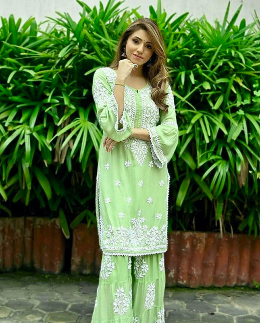 Heavy Pure Rayon With Chickenkari Embroidery Thread Work With Fancy Sleeves Top And Plazzo