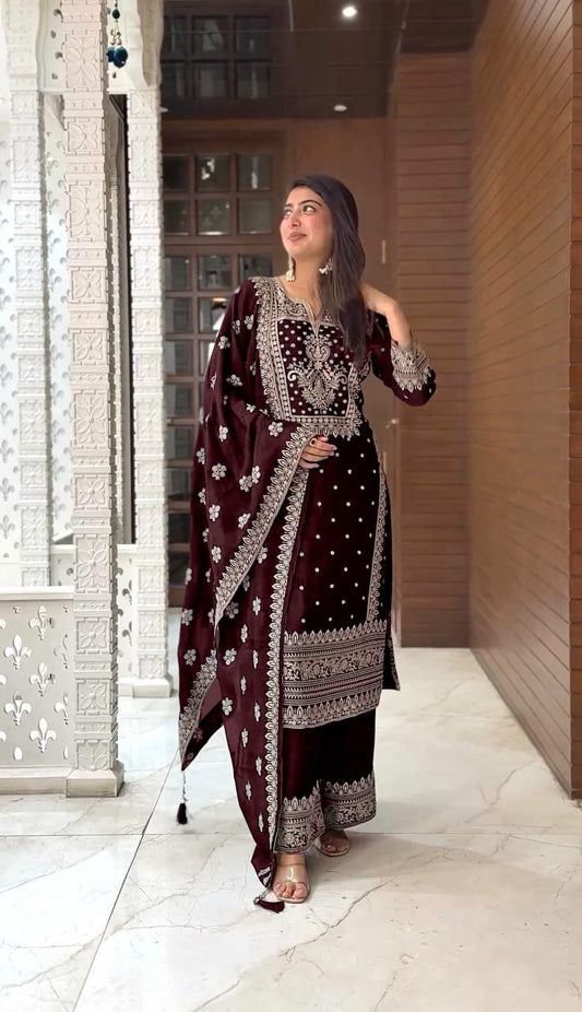 Pure Chinnon Silk With Heavy Embroidery Sequence Work And Full Sleeve