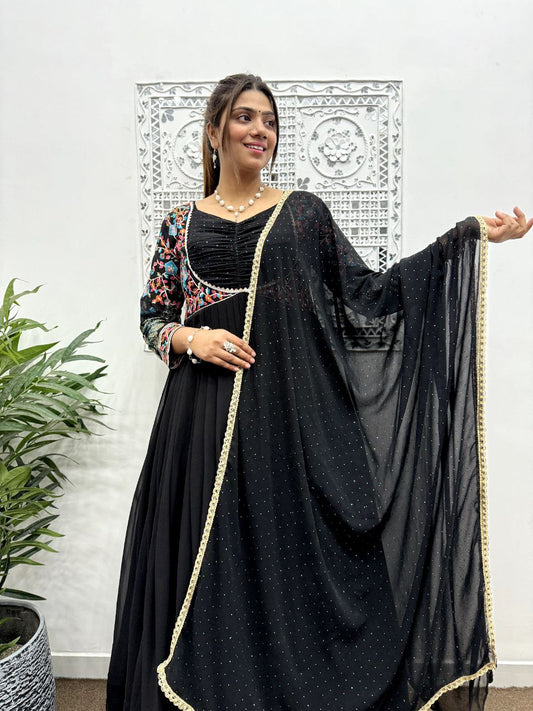 Heavy Faux Georgette And Sleeve With Work Black Gown