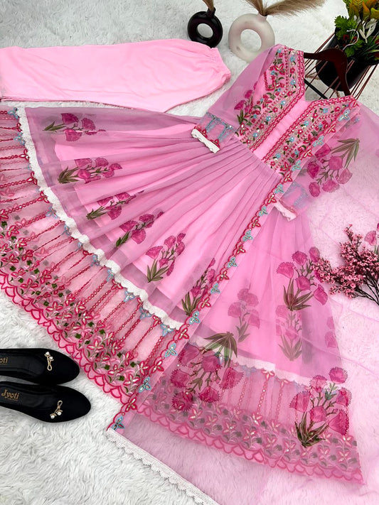 Faux Georgette and Heavy Net With Heavy Embroidery WorkWith Digital Print Work Full Sleeve Gown