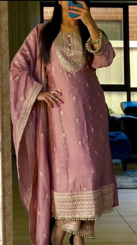 Hevay Pure Chinon Silk With Heavy Embroidery 5mm Sequence Work With Ready- Made Fancy Less Border.