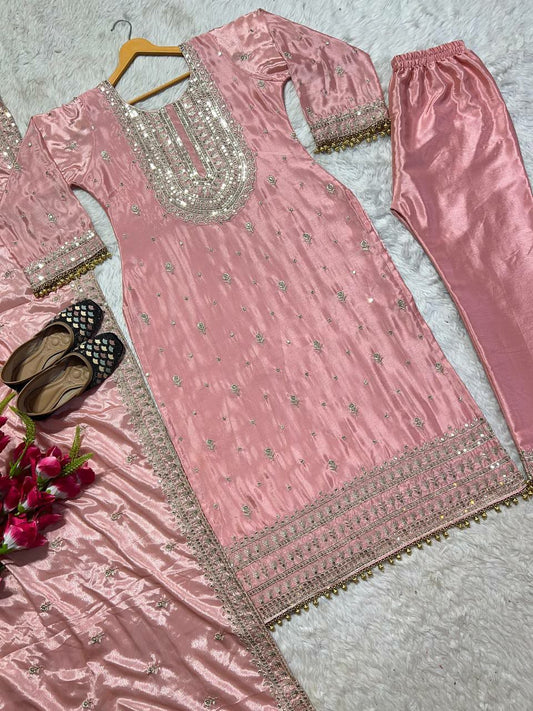 Hevay Pure Chinon Silk With Heavy Embroidery 5mm Sequence Work With Ready- Made Fancy Less Border.