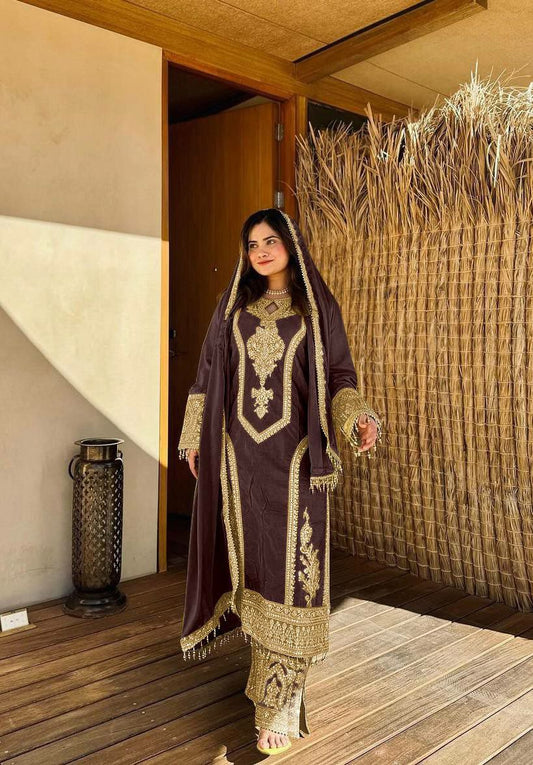 Heavy Chinon Silk With Embroidery 3 mm Sequence &amp; Coding Dori Work With Full Sleeves With Fancy Latkan &amp; Tassels Kurti