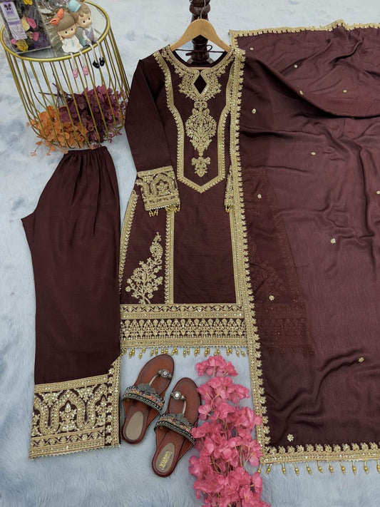 Heavy Chinon Silk With Embroidery 3 mm Sequence &amp; Coding Dori Work With Full Sleeves With Fancy Latkan &amp; Tassels Kurti