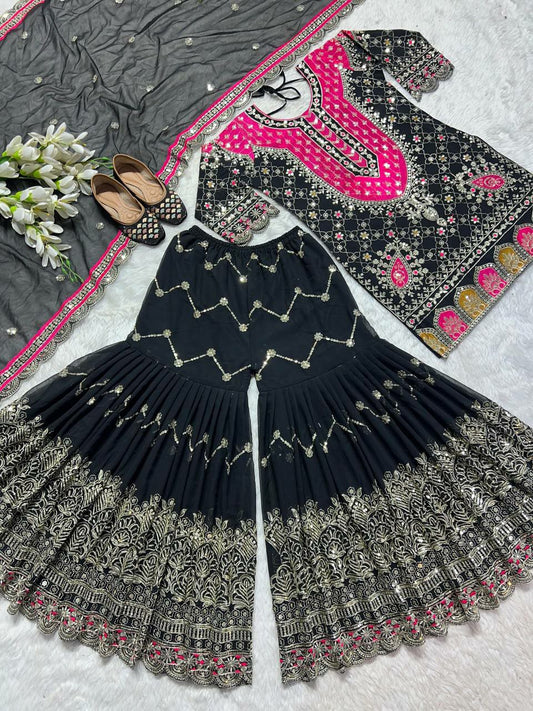 Heavy Faux Georgette With Heavy 5mm Embroidery Sequence Work With Full Sleeve With Latkan Dori Sharara