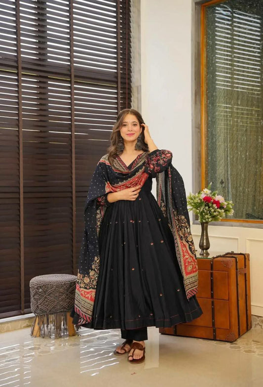 Pure Chinnon Silk With Embroidery Work With Fancy Full Sleeve Round Kurti