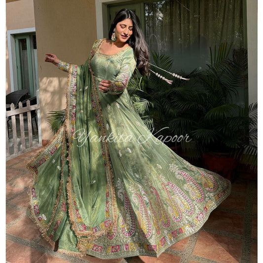 Pure Heavy Chonon Silk With Full Heavy Embroidery Sequence Work With full Sleeve Gown