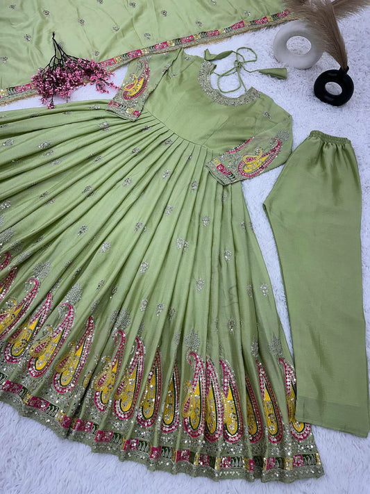 Pure Heavy Chonon Silk With Full Heavy Embroidery Sequence Work With full Sleeve Gown