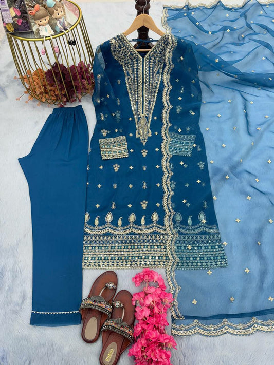 Heavy Organza Sillk With Embroidery 5 mm Sequence Work With Sleeve kurti