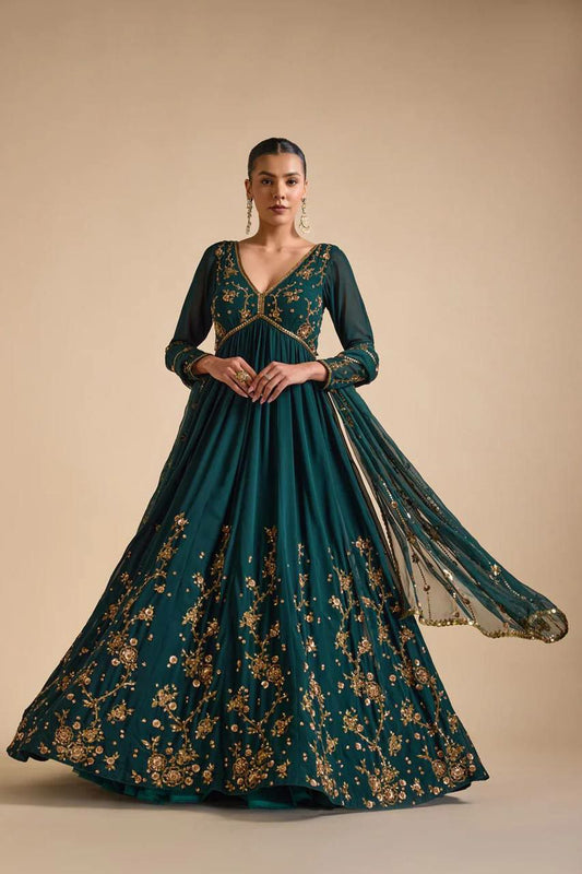 Gown on Havy Faux Georgette Febric With Thred &amp; Sequnce work and Pent on Crep Febric and Dupatta on Faux Georgette