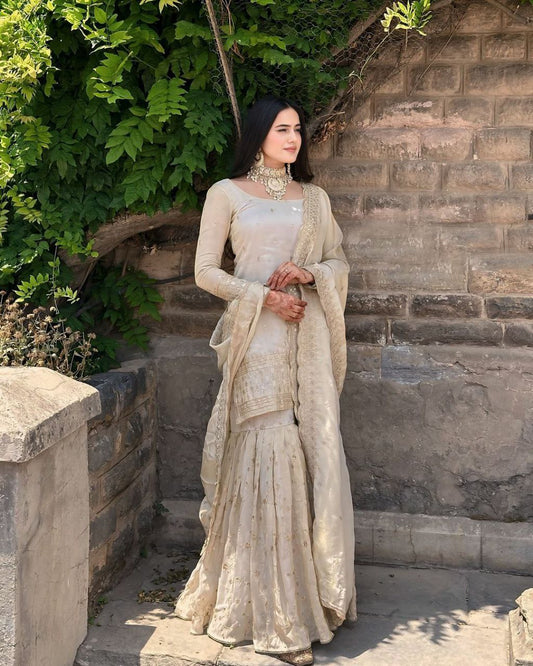 Pure Chinnon Silk With Heavy Embroidery Sequence Work And Full Sleeve Sharara Pair