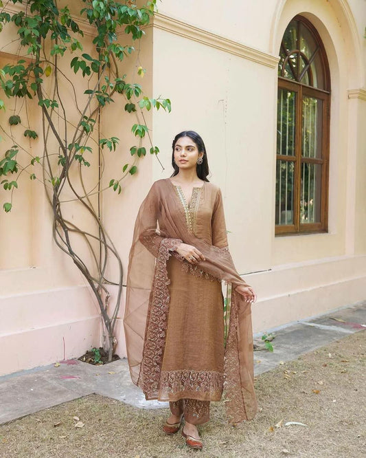 Heavy Chandhery Silk With Embroidery Sequence Work Brown Kurti