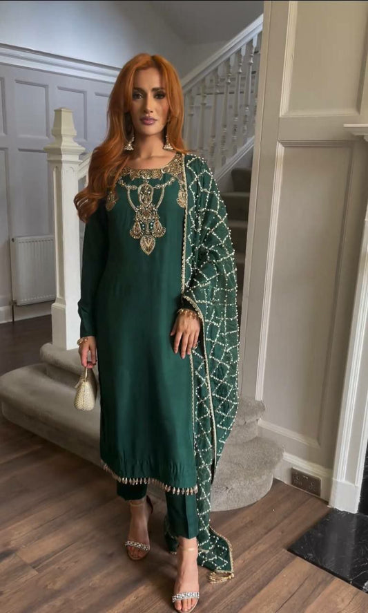 Heavy Pur Slub Silk With Embroidery 5 mm Sequence Work With Rivet Moti Work With Full Sleeve With Fancy Latkan Kurti&nbsp;