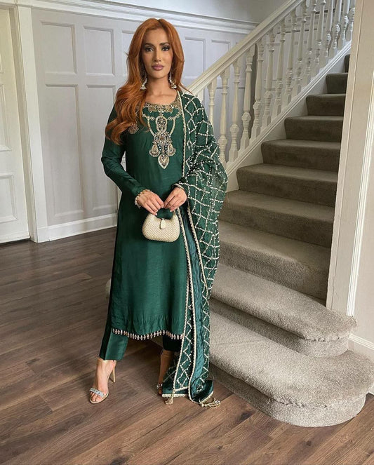 Heavy Pur Slub Silk With Embroidery 5 mm Sequence Work With Rivet Moti Work With Full Sleeve With Fancy Latkan Kurti&nbsp;