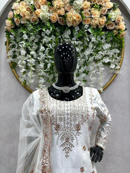 White Chinon Silk Sequence Work For Women For Wedding