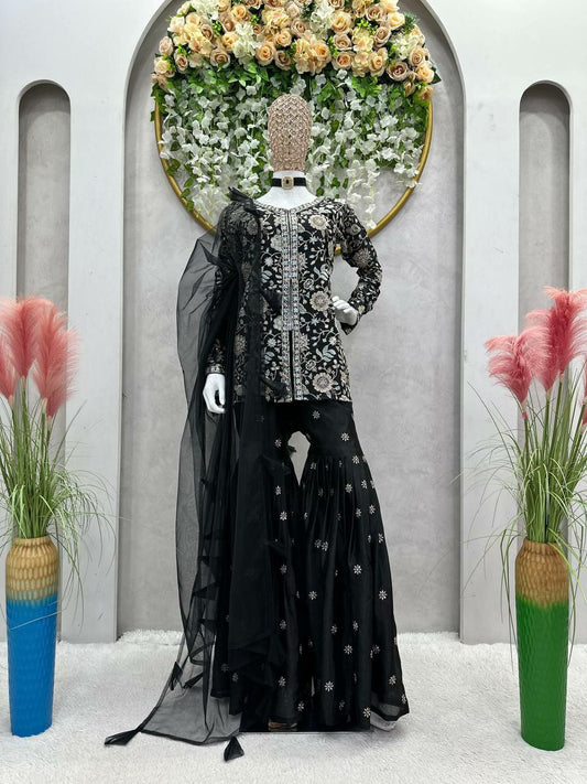 Chinon Silk Black Adroble kurti For Women
