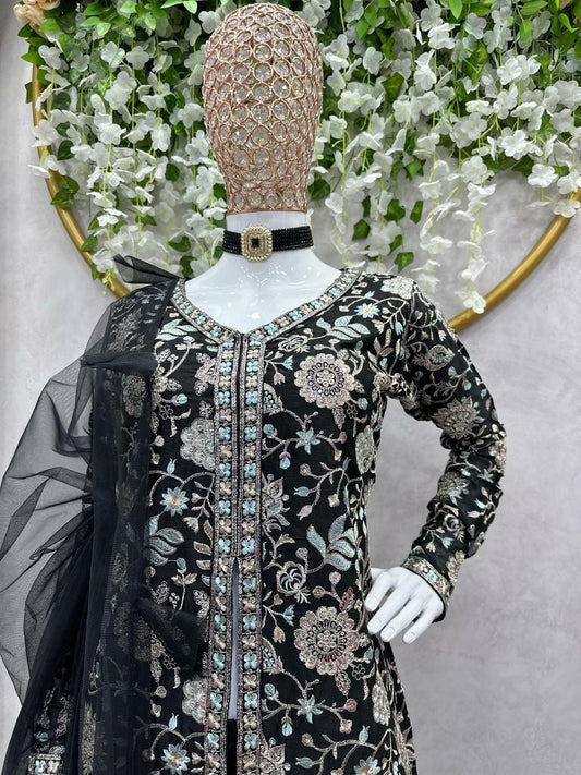 Chinon Silk Black Adroble kurti For Women