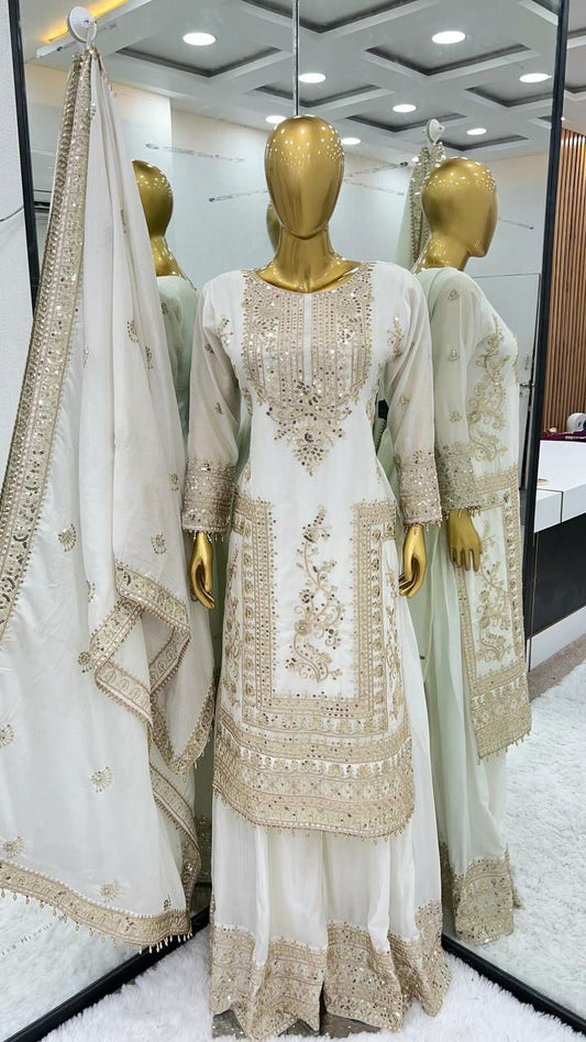 Pure Chinnon Silk With Heavy Embroidery Coding Dori-Sequence Work With Full Sleeve Kurtis