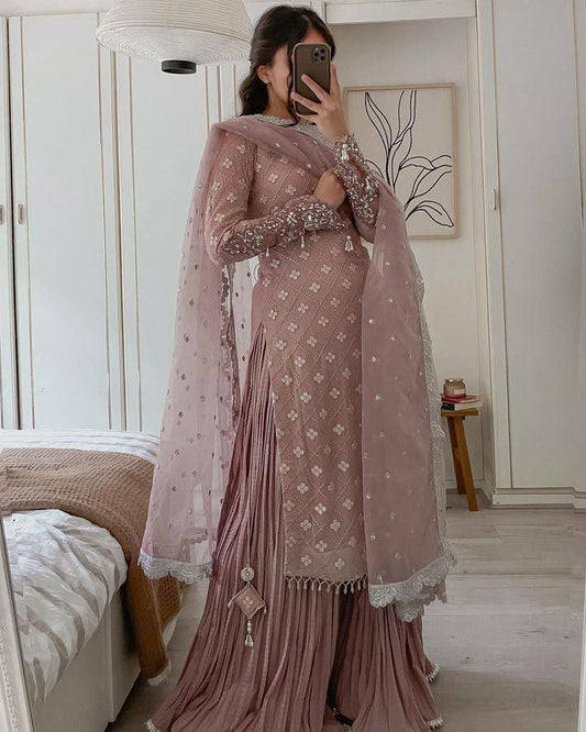 Brown Faux Georgette Work With Real Mirror And Embroidery For Women