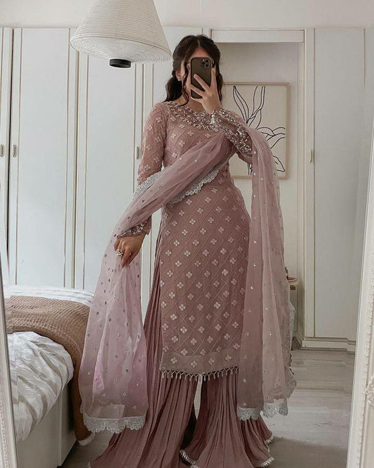 Brown Faux Georgette Work With Real Mirror And Embroidery For Women