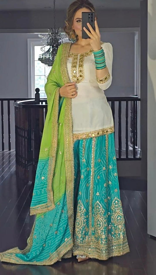 Heavy Faux Georgette Fabric With Heavy Embroidery 5mm Sequence Work And Hand MirrorWork.