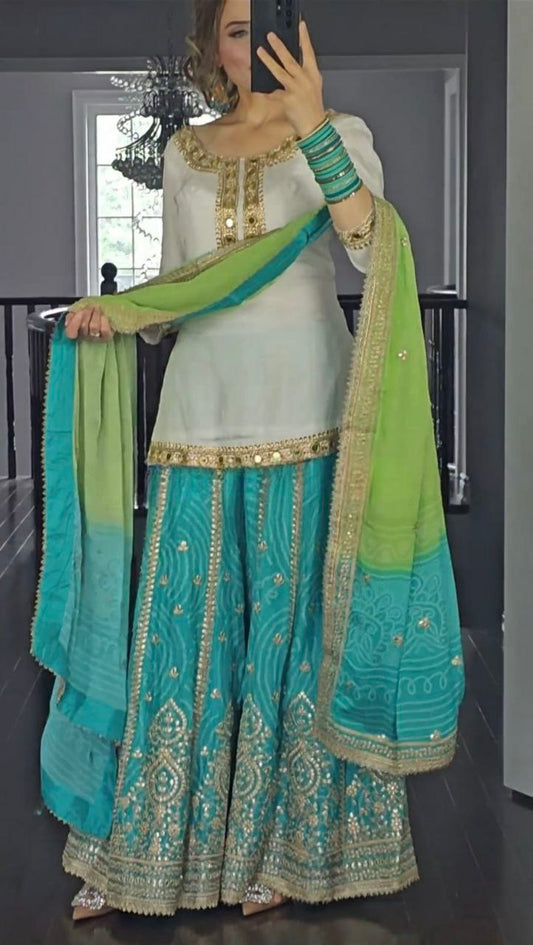 Heavy Faux Georgette Fabric With Heavy Embroidery 5mm Sequence Work And Hand MirrorWork.