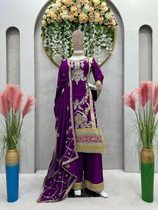 Pure Chinon purple Kurti And Plazzo Set For Women