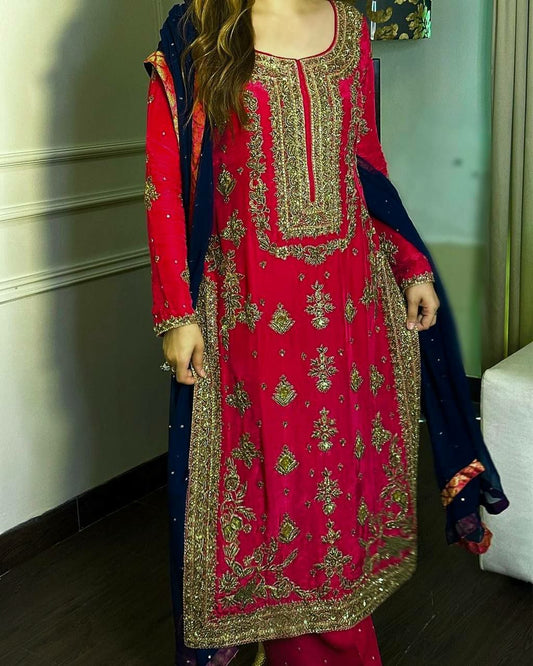 Pure Chinon Silk And Sleeve With Work Kurti Work : Fancy Heavy Embroidery And Sequins Work Kurti Set
