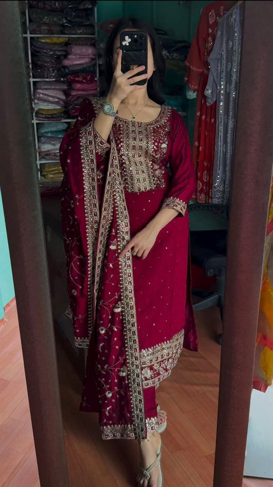 Heavy Chinon Silk With Heavy Embroidery 5 mm Sequence Work With Sleeves Kurti Set