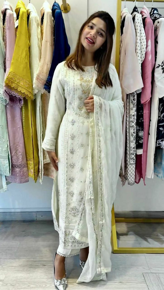 Hevay Faux Georgette With Heavy multi Needle Embroidery 5mm Sequence Work With fancy Less . (Fully Sleeve’s) Long Kurti For Women