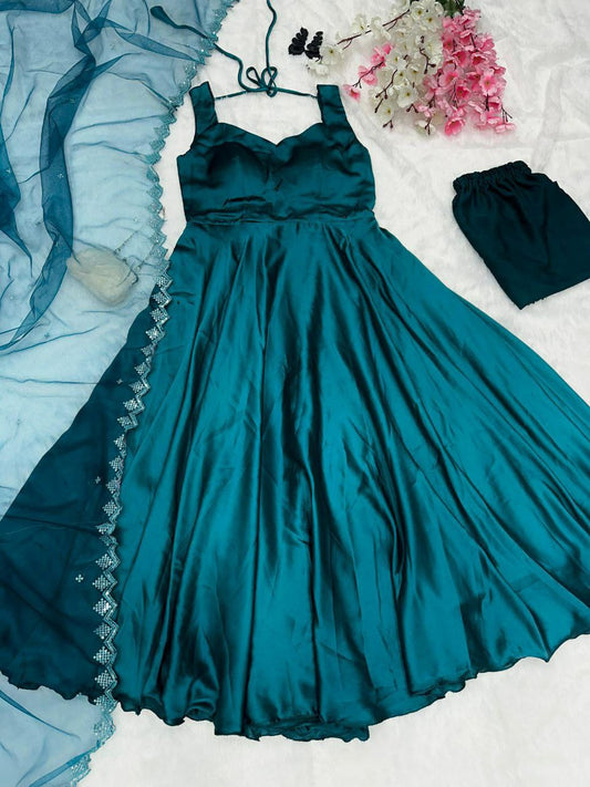 Anarkali Gown - pure Japan Satin Anarkali suit of huge flair Dupatta