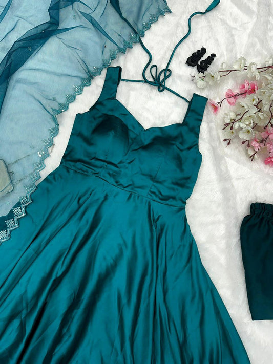 Anarkali Gown - pure Japan Satin Anarkali suit of huge flair Dupatta