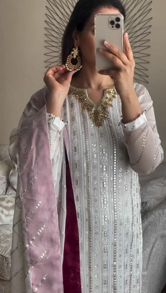 ONG KURTI,BOTTOM AND DUPATTA WITH BEAUTIFUL EMBROIDERY SEQUENCE WORK FABRICS DETAILS KURTI