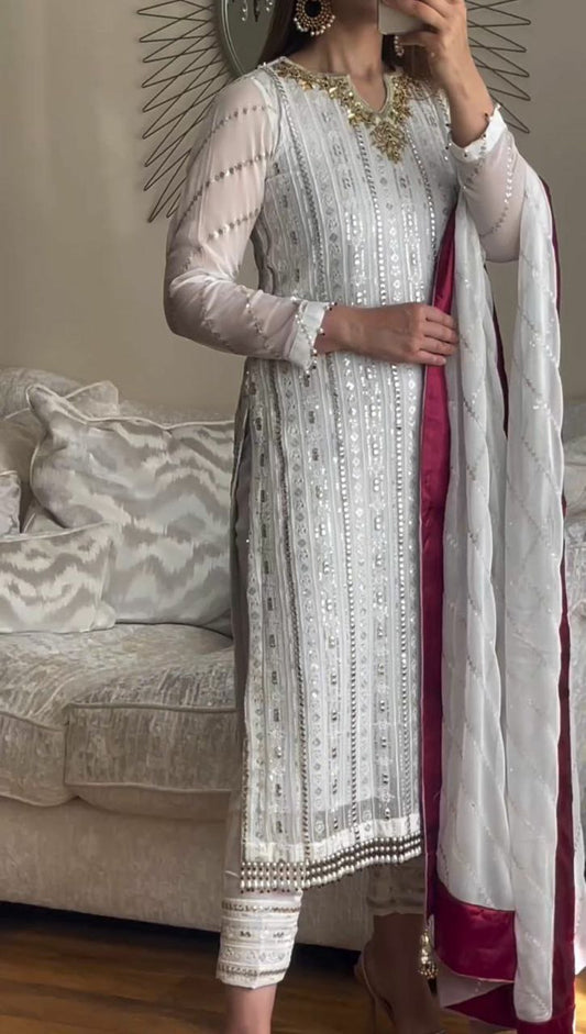 ONG KURTI,BOTTOM AND DUPATTA WITH BEAUTIFUL EMBROIDERY SEQUENCE WORK FABRICS DETAILS KURTI