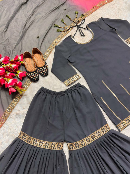 Heavy Faux Georgette Material With 9mm Sequence Embroidery Work. with (Fully Sleeves ) Sharara