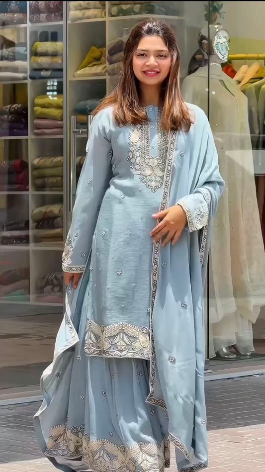 Heavy Faux Georgette With Heavy Malty Thread Embroidery Work With Full Sleeve Kurti