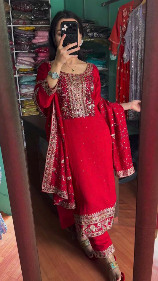 Heavy Chinon Silk With Heavy Embroidery Kurti 5 mm Sequence Work With Sleeves